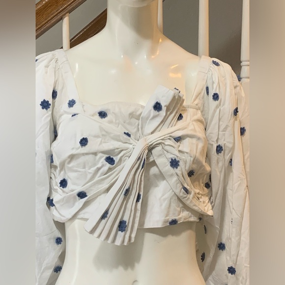 Farm Rio 100%Cotton Boohoo White and Blue Floral Long Sleeves Women's Top S M - Picture 4 of 14